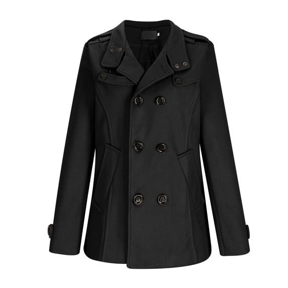 Men's Double Breasted Pea Coat Mid Long Fall Winter Notch Lapel Trench Wool Coat Outwear Jackets Big and Tall Size M-4XL Black