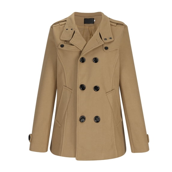 Men's Double Breasted Pea Coat Mid Long Fall Winter Notch Lapel Trench Wool Coat Outwear Jackets Big and Tall Size M-4XL Khaki