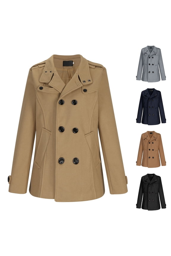 Men's Double Breasted Pea Coat Mid Long Fall Winter Notch Lapel Trench Wool Coat Outwear Jackets Big and Tall Size M-4XL Navy
