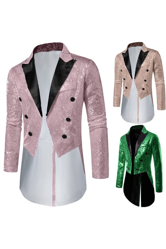Men's Double Breasted Sequin Tailcoat Tuxedo Suit Coat Contrast Lapel Collar Dress Blazer for Cruise Prom Formal Dinner Party Stage Performance, Pink, XL