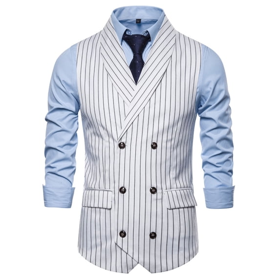 Men's Double Breasted Suit Vest Only, Slim Fit Pinstripe Shawl Lapel Waistcoat with Flap Pockets, Formal Wedding Dress Sleeveless Jacket for Banquet Stage Performance, No Shirt Included