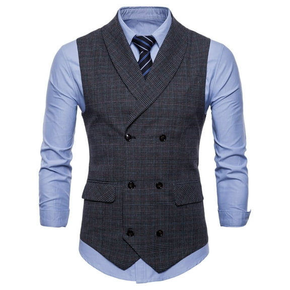 Men's Double Breasted Suit Vest Vintage Plaid Waistcoat Formal Business Slim Fit Sleeveless Tuxedo Jacket