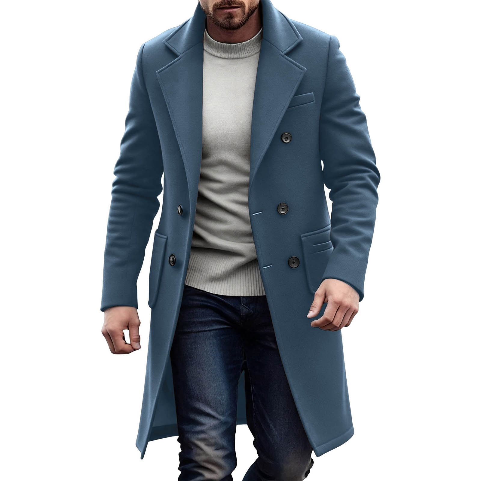 Men's Double Breasted Trench Coat Casual Notch Lapel Long Coat Dress Casual  Business Fall Winter Overcoat with Pockets Dark Blue S - Walmart.com