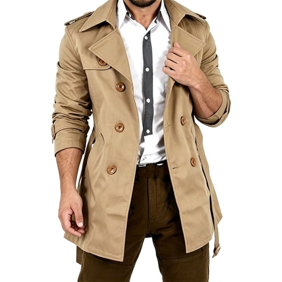 Men's Double Breasted Trench Coat Mid Length Windproof Twill Jacket Classic Belted Overcoat with Pockets for Business Casual Work, Khaki, XL