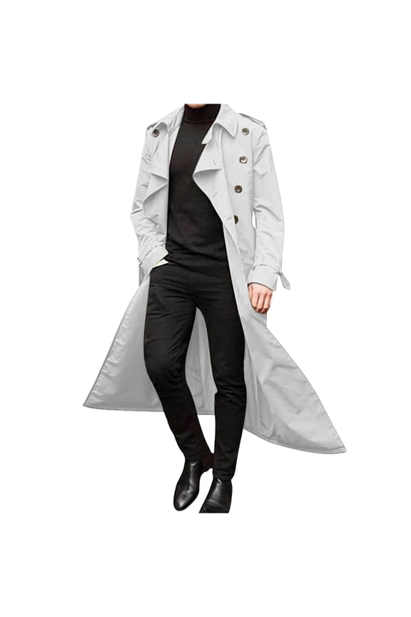 Men's Double Breasted Trench Coat Notched Lapel Slim Fit Long Overcoat Soft Elegant Windbreaker Winter