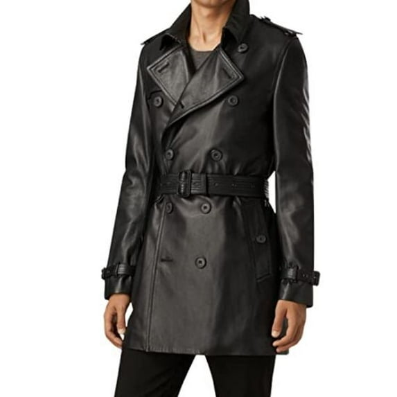 Men's Double Breasted Trenchcoat Slim Fit Mid Long Belted Windbreaker Genuine Leather Coat SouthBeachLeather 3X-Large