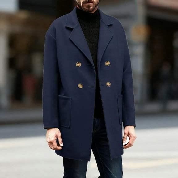 Men's Double Breasted Wool Blend Coat Winter Notched Lapel Belted Peacoat Mid Long Jacket Blue S
