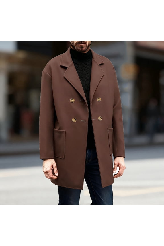 Men's Double Breasted Wool Blend Coat Winter Notched Lapel Belted Peacoat Mid Long Jacket Brown L