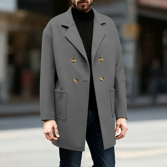 Men's Double Breasted Wool Blend Coat Winter Notched Lapel Belted Peacoat Mid Long Jacket Gray M