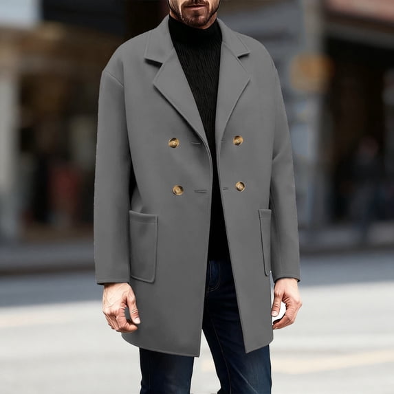 Men's Double Breasted Wool Blend Coat Winter Notched Lapel Belted Peacoat Mid Long Jacket Gray XXL