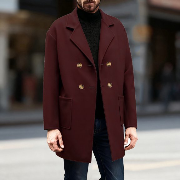 Men's Double Breasted Wool Blend Coat Winter Notched Lapel Belted Peacoat Mid Long Jacket Wine S