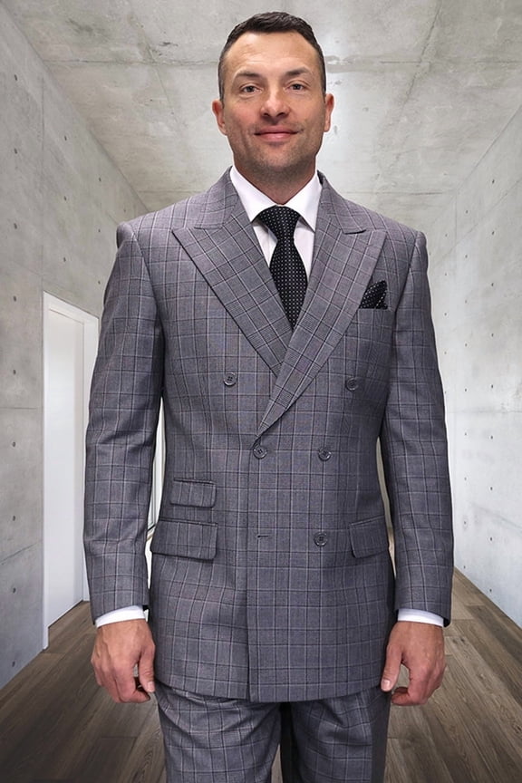 Men's Double Breasted Wool Suit Black Plaid 38 Short