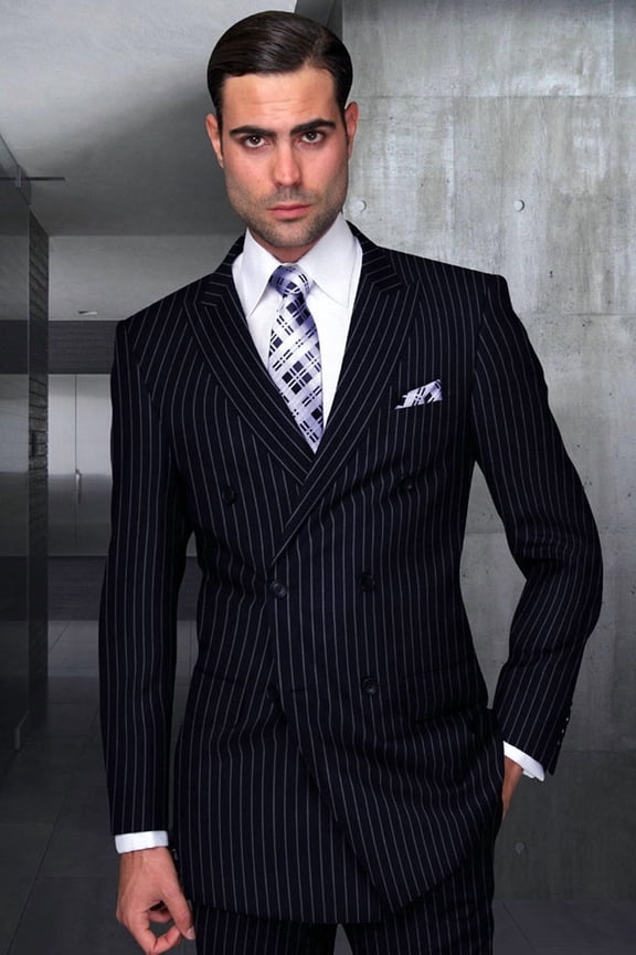 Men's Double Breasted Wool Suit Navy Blue Pinstripe 52 Long