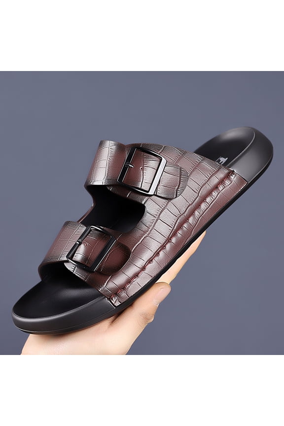 Men's Double Buckle Crocodile Embossed Slide Sandals