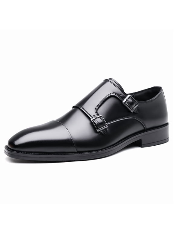 Men's Double‑Buckle Monk Strap Dress Shoes, Cap‑Toe Microfiber Upper PU Inner Lining Block Heel Outsole For Business And Casual Occasions