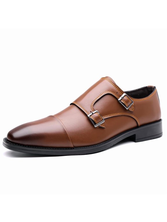 Men's Double‑Buckle Monk Strap Dress Shoes, Cap‑Toe Microfiber Upper PU Inner Lining Block Heel Outsole For Business And Casual Occasions