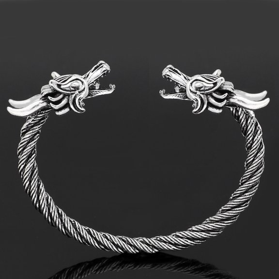 Men's Double Head Dragon Bracelet, Norse Viking Adjustable Stainless Steel Gold Sliver Cuff Cool Polished Twisted Arm Ring Cable Bangles Pagan Jewelry