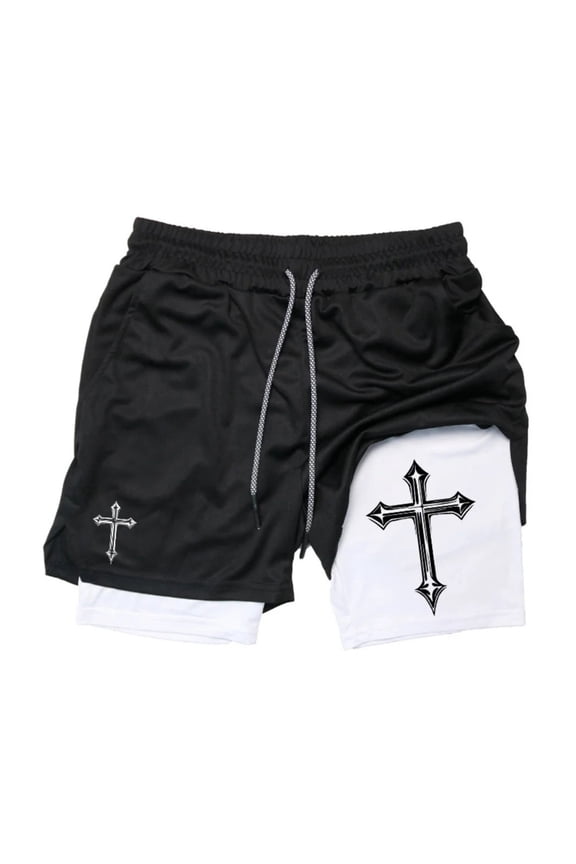 Men's Double Layer Cross Print Board Shorts Quick Dry Athletic Swim Trunks with Elastic Waist for Beach Surfing Workout and Summer Casual Wear,White,L