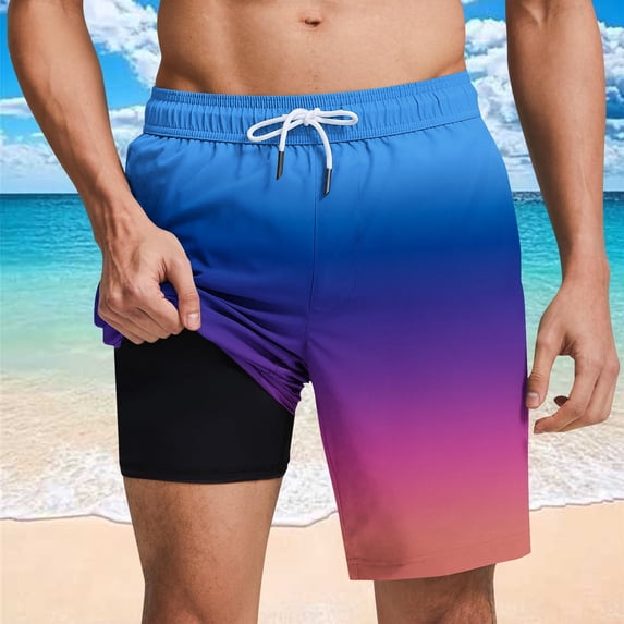 Men's Double Layer Swim Trunks Loose Fits Elastic Waist Drawstring Quickly Dry Beach Shorts Mens Casual Gradient Color Plus Size Baggy Lightweight Comfy Swimming Board Short