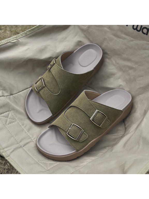 Men's Double Metal Buckle Suede Slide Sandals Arch Support Non Slip Outdoor Casual Walking Slides