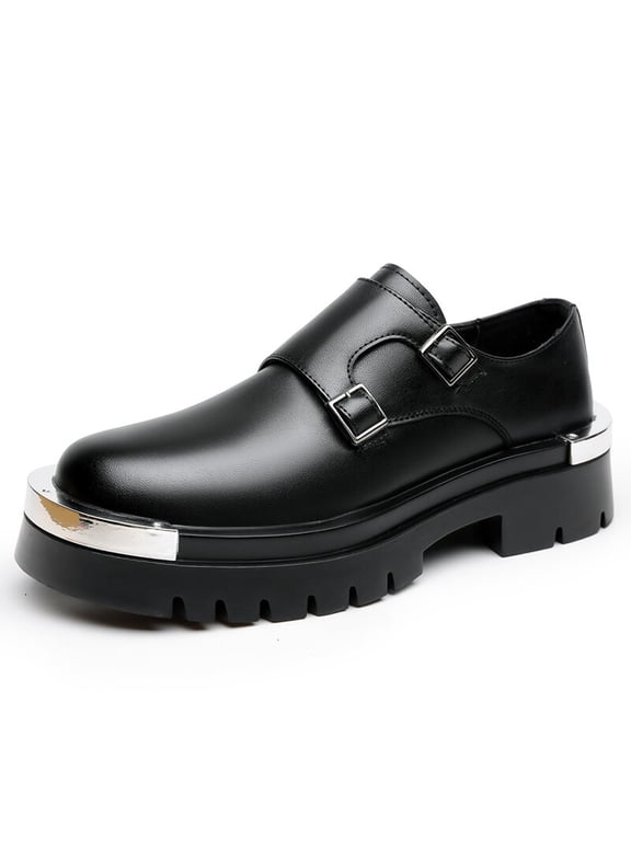 Men's Double Monk Strap Dress Shoes, Chunky Platform Slip On Footwear with Metal Decorative Accents and Serrated Outsole for Formal and Stylish Daily Occasions