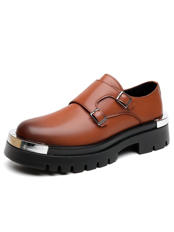 Men's Double Monk Strap Dress Shoes, Chunky Platform Slip On Footwear with Metal Decorative Accents and Serrated Outsole for Formal and Stylish Daily Occasions