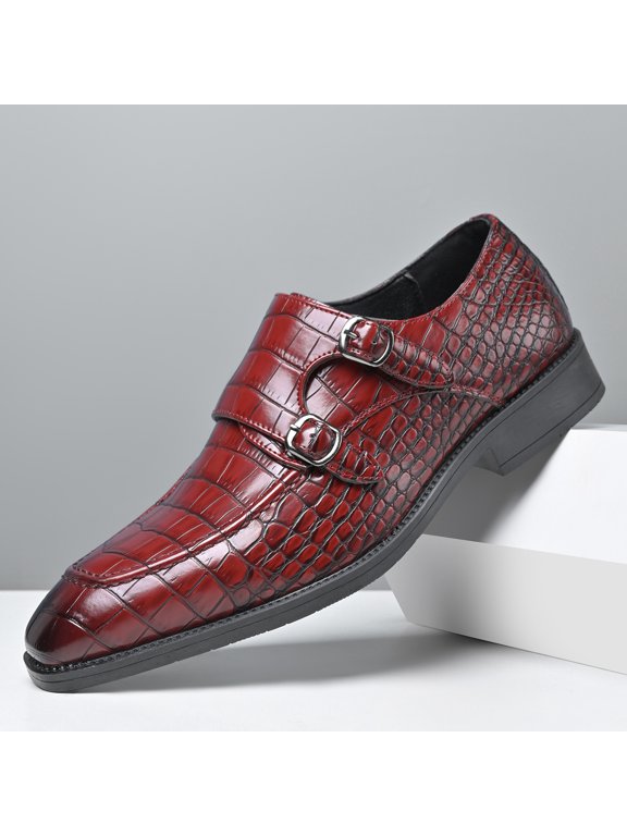 Men's Double Monk Strap Dress Shoes Embossed Textured Upper Low Heel Formal Business Shoes