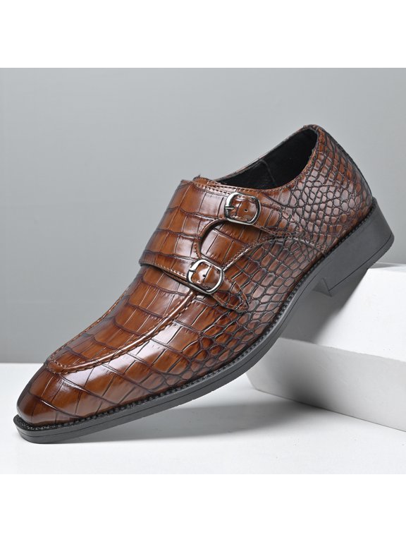 Men's Double Monk Strap Dress Shoes Embossed Textured Upper Low Heel Formal Business Shoes