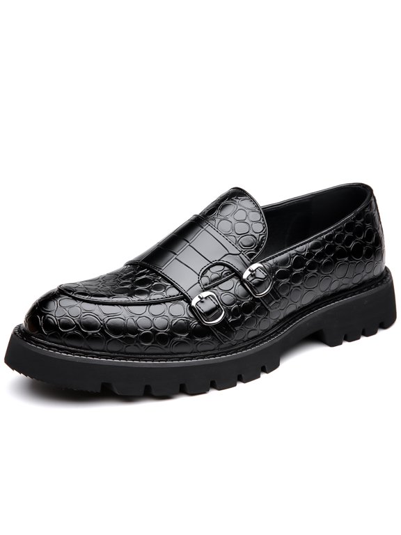 Men's Double Monk Strap Slip-On Dress Shoes, Adult Male Round Toe Embossed Upper Footwear with Chunky Lug Outsole for Formal and Semi-Formal Occasions