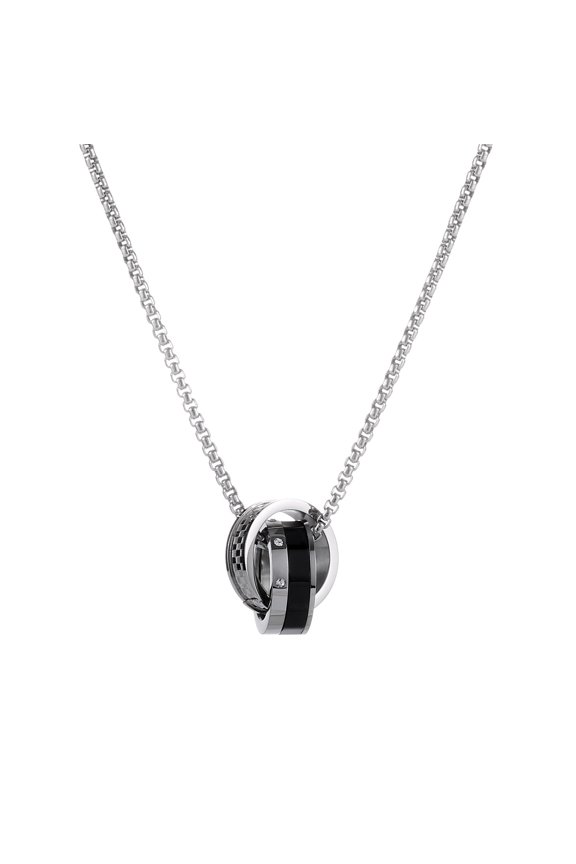 Men's Double Ring Titanium Steel Necklace, Black & Silver Interlocking Circle Pendant Chain, Hypoallergenic Stainless Steel Jewelry
