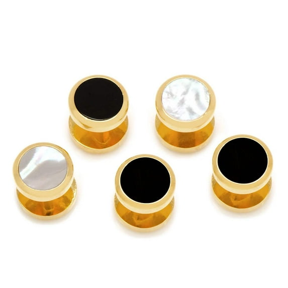 Men's Double Sided Gold Onyx and MOP Round Beveled Studs