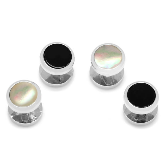Men's Double Sided Onyx and MOP Round Beveled Studs
