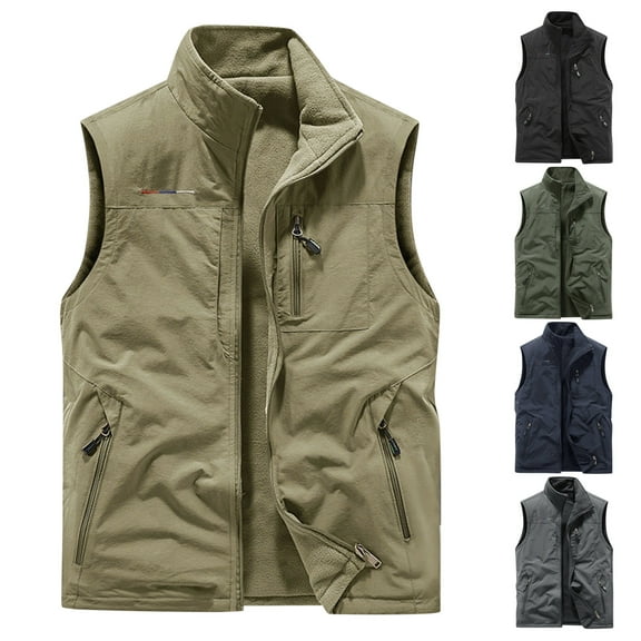Men's Double Sided Vest - Outdoor Sports Waistcoat Plus Velvet Sleeveless Jacket for Autumn Winter Layering, Hiking, and Christmas Activities,Army Green,L
