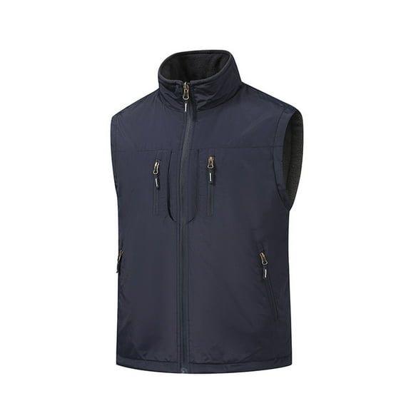Men's Double-Sided Wearable Fleece Lined Vest Lightweight Casual Sleeveless Jacket with Pockets for Work Travel Dark Blue Size M