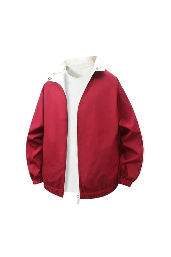 Men's Double-Sided Windproof Jacket - Spring Autumn Winter Loose Stand Collar Full Zip Outerwear with Elastic Cuffs & Side Pockets (Collegiate/Street/Sport Style)