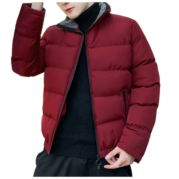 Men's Down Jackets Windproof Zip Up Stand Collar Puffer Jacket Winter Warm Casual Parka Padded Outwear Relaxed Fit Fall Jackets for Men Red L