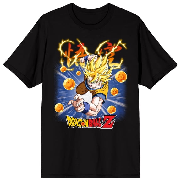 Dragon Ball Z Super Saiyan Goku Seven Dragon Balls Kanji Text with Aura Logo Speeding Background on Black Short Sleeve Adult T-Shirt-Small