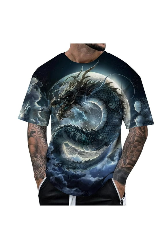 Men's Dragon Graphic T Shirt Summer Short Sleeve Round Neck Summer T-Shirt