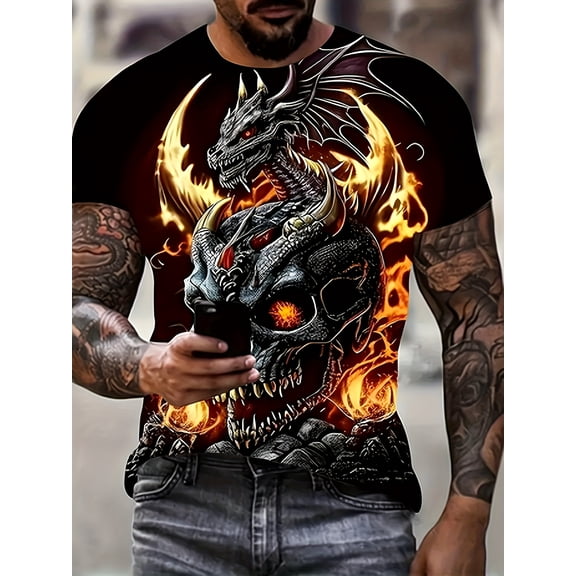 Men's Dragon Pattern Round Neck T-Shirt - Bold Black and Gold Geometric Print, Loose Casual T-Shirt, Machine Washable All-Season Comfort, Suitable for Teenagers and Young Adults