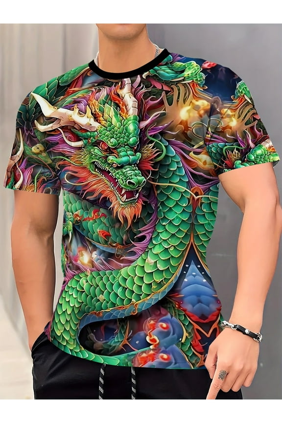 Men's Dragon Printed T-Shirt, Casual Short Sleeve Round Neck T-Shirt, Men's Outdoor Wear