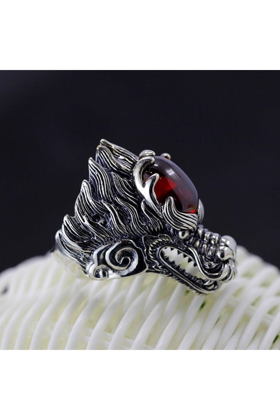Men's Dragon Ring Trendy Student Ring Domineering Retro Hip Hop Ring and an Open Adjustable Design with Ruby Skull Red Demon Eyeball or Lotus Heart Sutra Accents