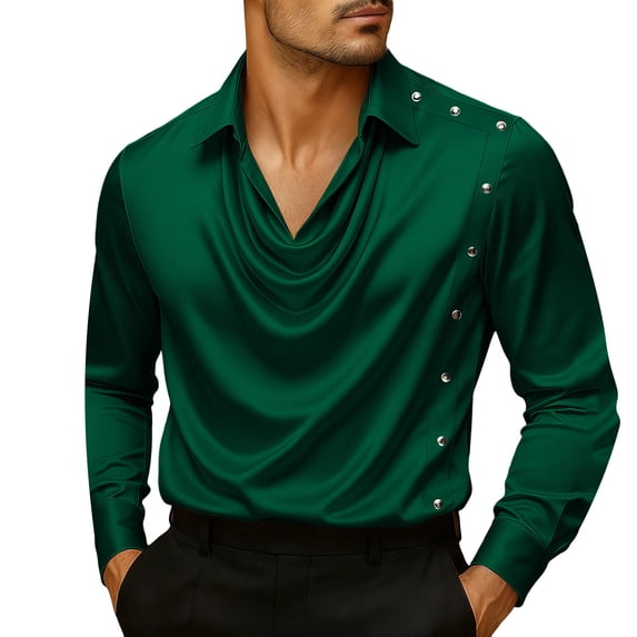 Men's Draped Cowl Neck Satin Tops Solid Shiny Silky Long Sleeve Pullovers Wedding Party Prom Club Shirts