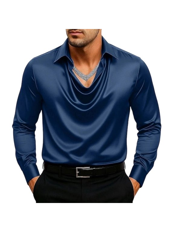 Men's Draped Cowl Neck Shirt Solid Color Elegant Temperament Satin-Like Blouse With Turn-Down Collar Long Sleeve Casual And Formal Wear Top For Business Parties And Daily Outfits 2026