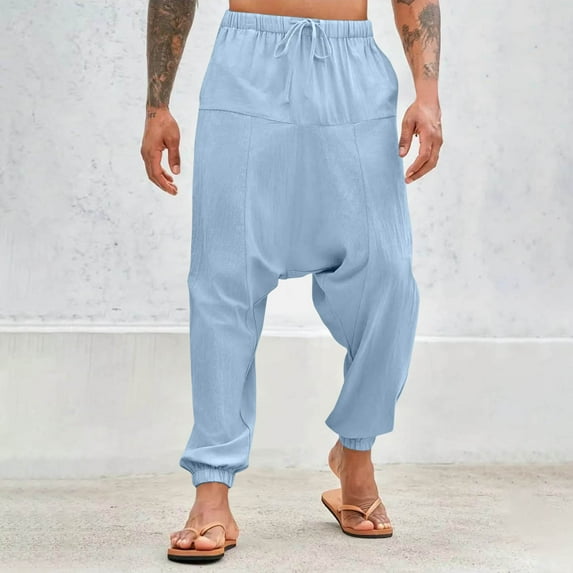 Men's Drawstring Aladdin Hippie Harem Pants Loose Drop Crotch Trousers Casual Pants Solid Color Low-grade Pants Harun Pants Corset Feet Elastic Waist