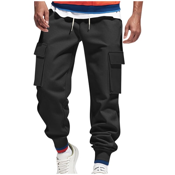 Men's Drawstring Cargo Pants Multi Pockets Relaxed Fit Pants Drawstring Elastic Waist Baggy Stretch Trousers (L, Black)