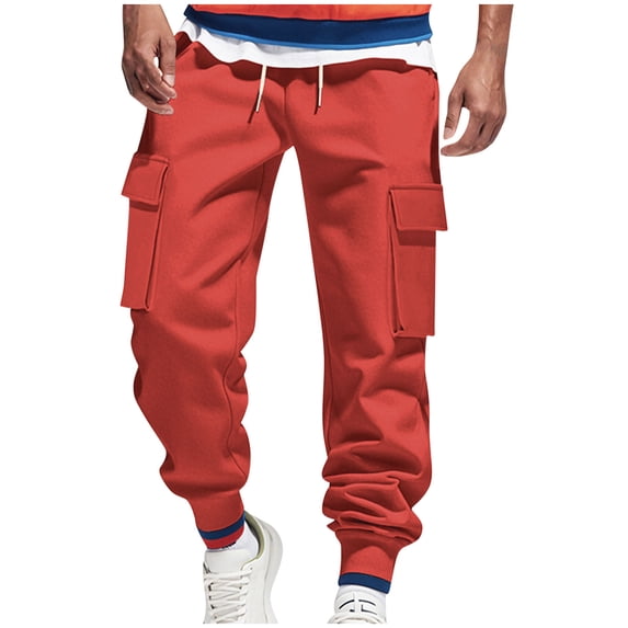 Men's Drawstring Cargo Pants Multi Pockets Relaxed Fit Pants Drawstring Elastic Waist Baggy Stretch Trousers (XL, Red)