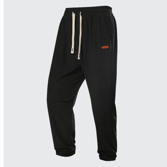 Men's Drawstring Corduroy Pants, Elastic Waist Wide Leg Pants Fashion Loose Casual Travel Long Trousers with Pockets Black S