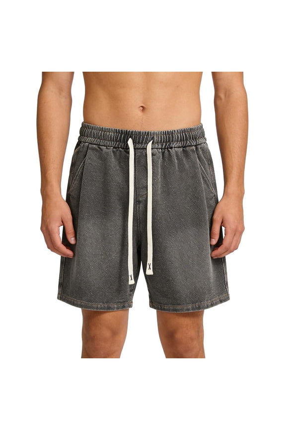Men's Drawstring Elastic Straight Leg Relaxed Fit Jean Denim Shorts with Pocket Black