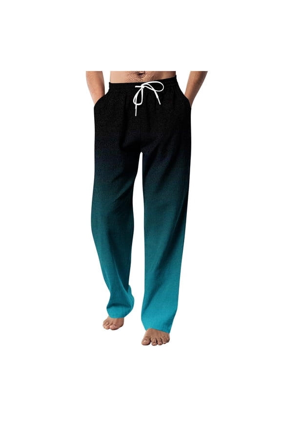 Men's Drawstring Elastic Waist Gradient Color Casual Length Pants Sky Blue