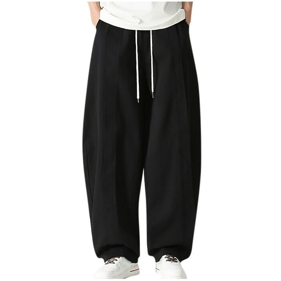 Men's Drawstring Hippie Harem Pants Big and Tall Wide Leg Pant Loose Fit Elastic Waist Casual Trousers with Pockets Black L